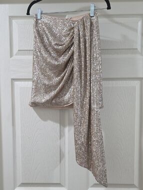 Jonathan Simkhai Champagne Sequin Asymmetrical Draped Mini Skirt